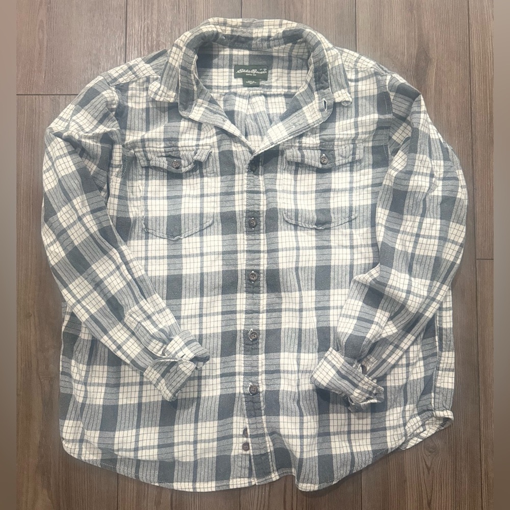 Eddie Bauer XL Plaid Flannel Shirt Gray Cream 100% Cotton